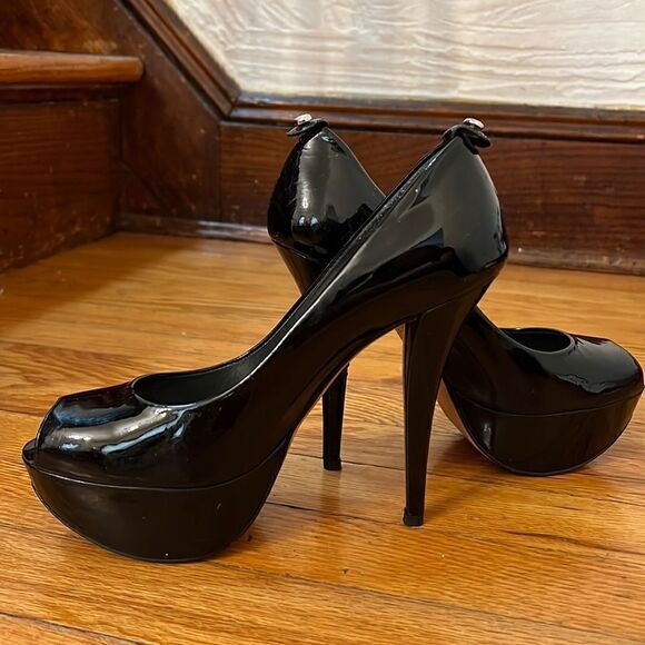 Stuart Weitzman Black Patent Leather Platform Peep Toe Pumps Size 7M - Picture 5 of 11